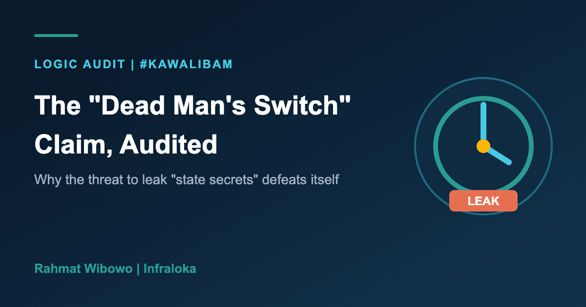 Header illustration: a switch dial with a leak button, titled The Dead Man's Switch Claim, Audited