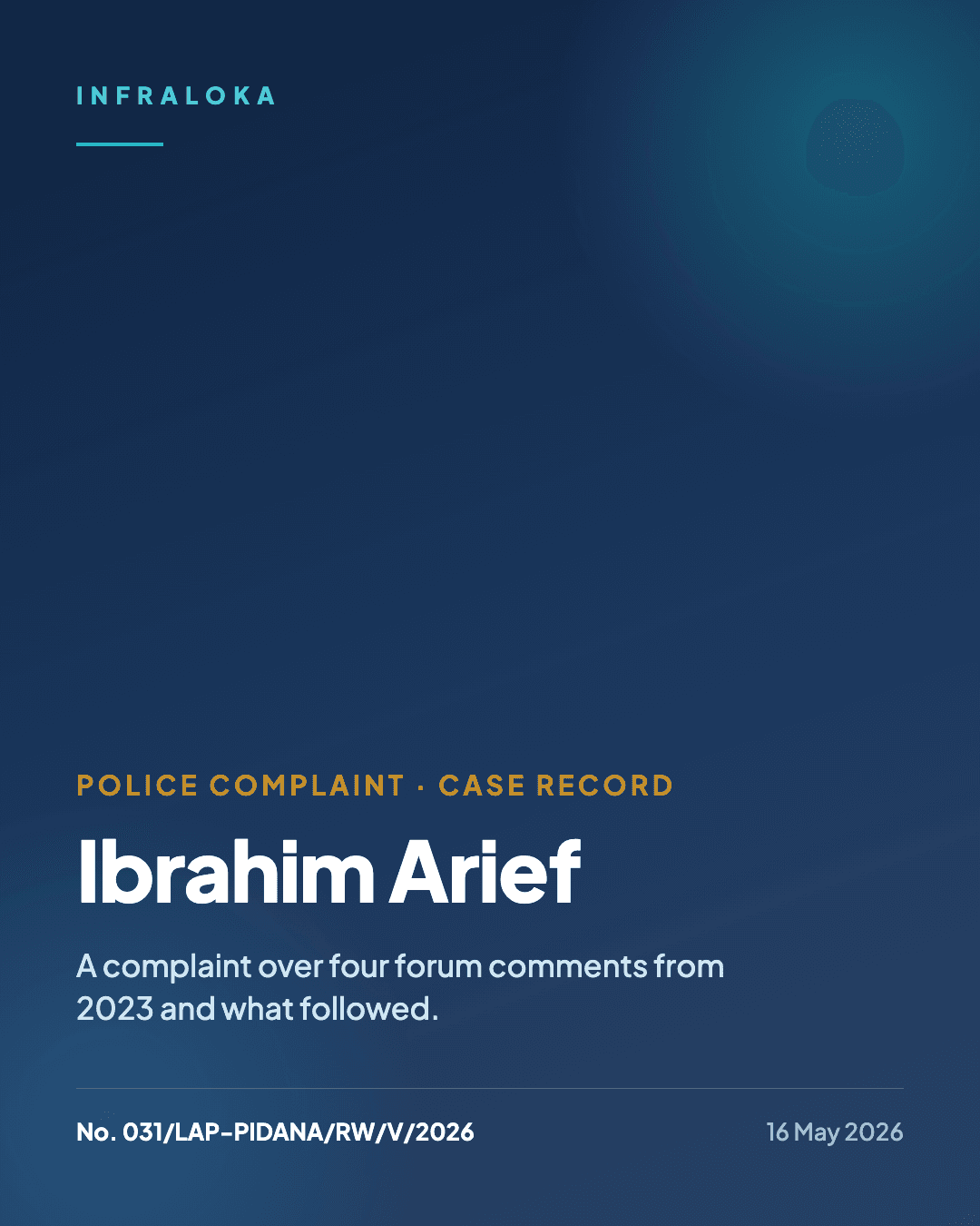 Case record: Police Complaint No. 031/LAP-PIDANA/RW/V/2026, Ibrahim Arief