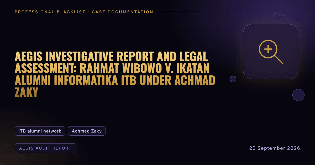 Header illustration: aegis audit report involving ITB alumni network, Achmad Zaky