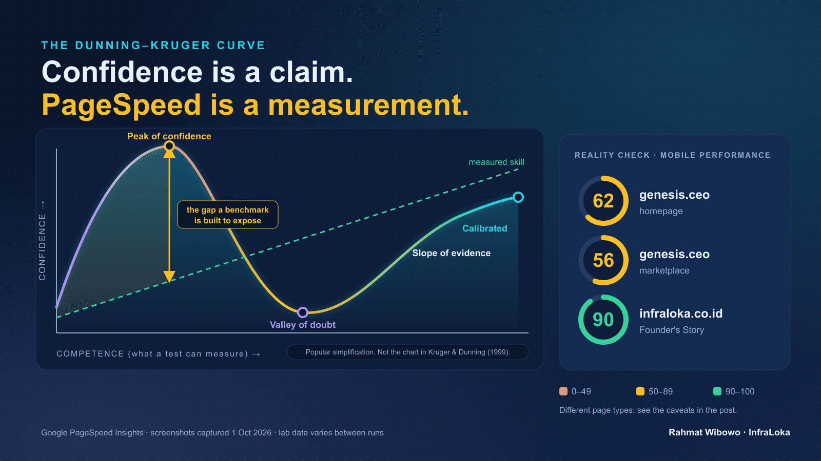 The Dunning-Kruger curve beside PageSpeed gauges: genesis.ceo scores 62 and 56 on mobile, InfraLoka scores 90