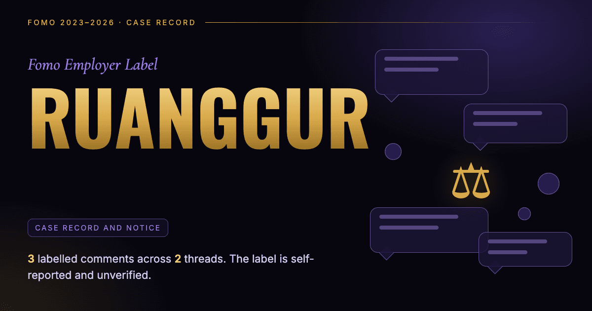 Header illustration: Fomo employer label Ruangguru, case record and notice