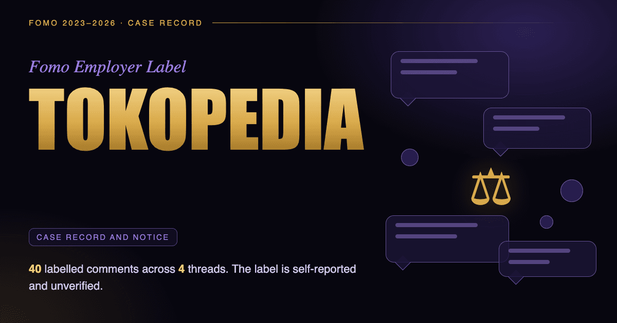 Header illustration: Fomo employer label Tokopedia, case record and notice