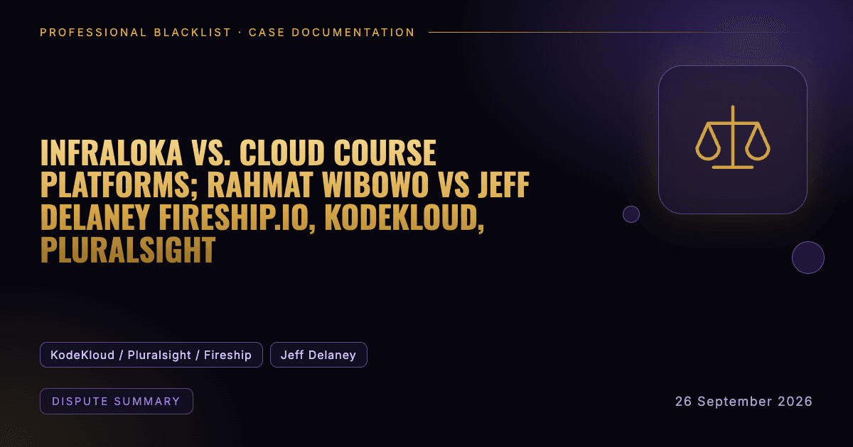 Header illustration: dispute summary involving KodeKloud / Pluralsight / Fireship, Jeff Delaney