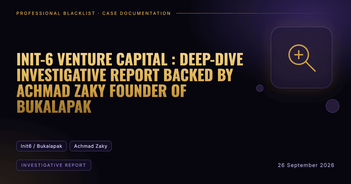 Header illustration: investigative report involving Init6 / Bukalapak, Achmad Zaky