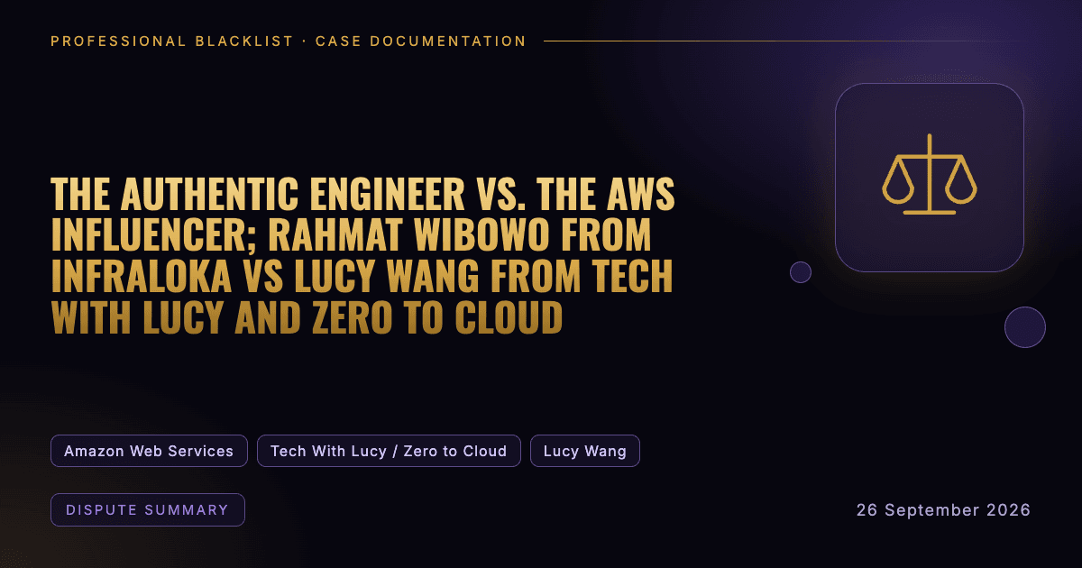 Header illustration: dispute summary involving Amazon Web Services, Tech With Lucy / Zero to Cloud, Lucy Wang