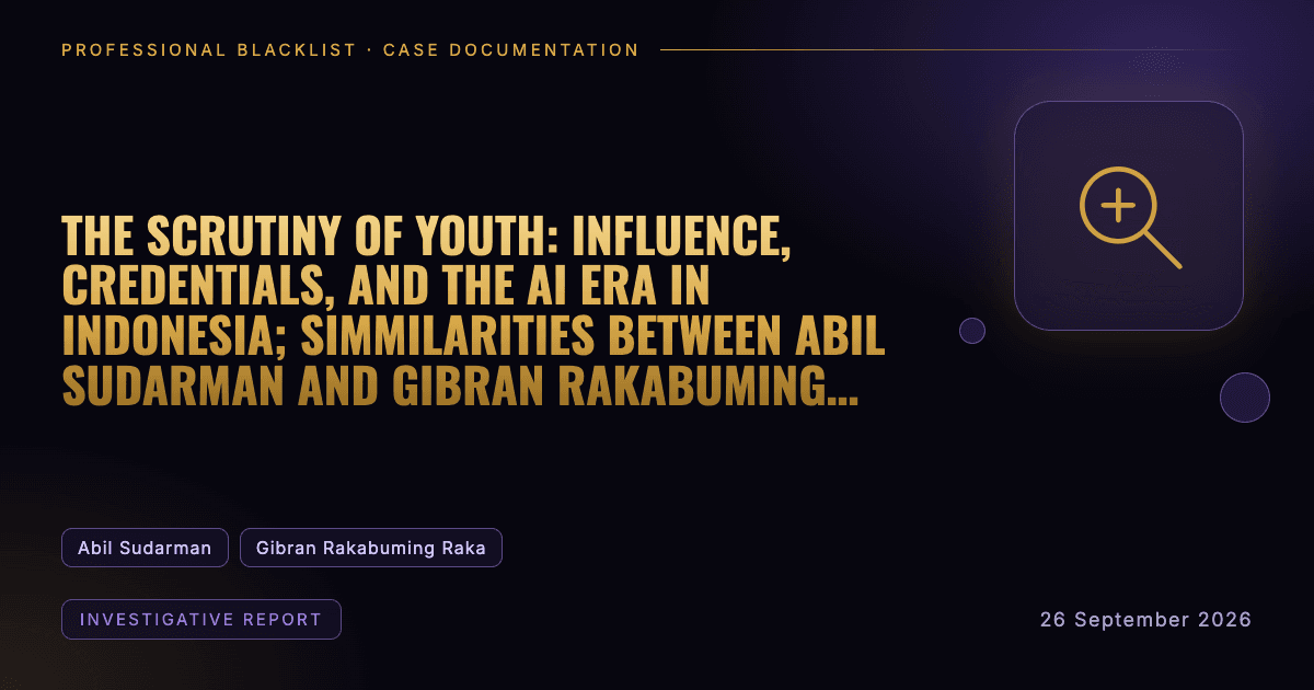 Header illustration: investigative report involving Abil Sudarman, Gibran Rakabuming Raka