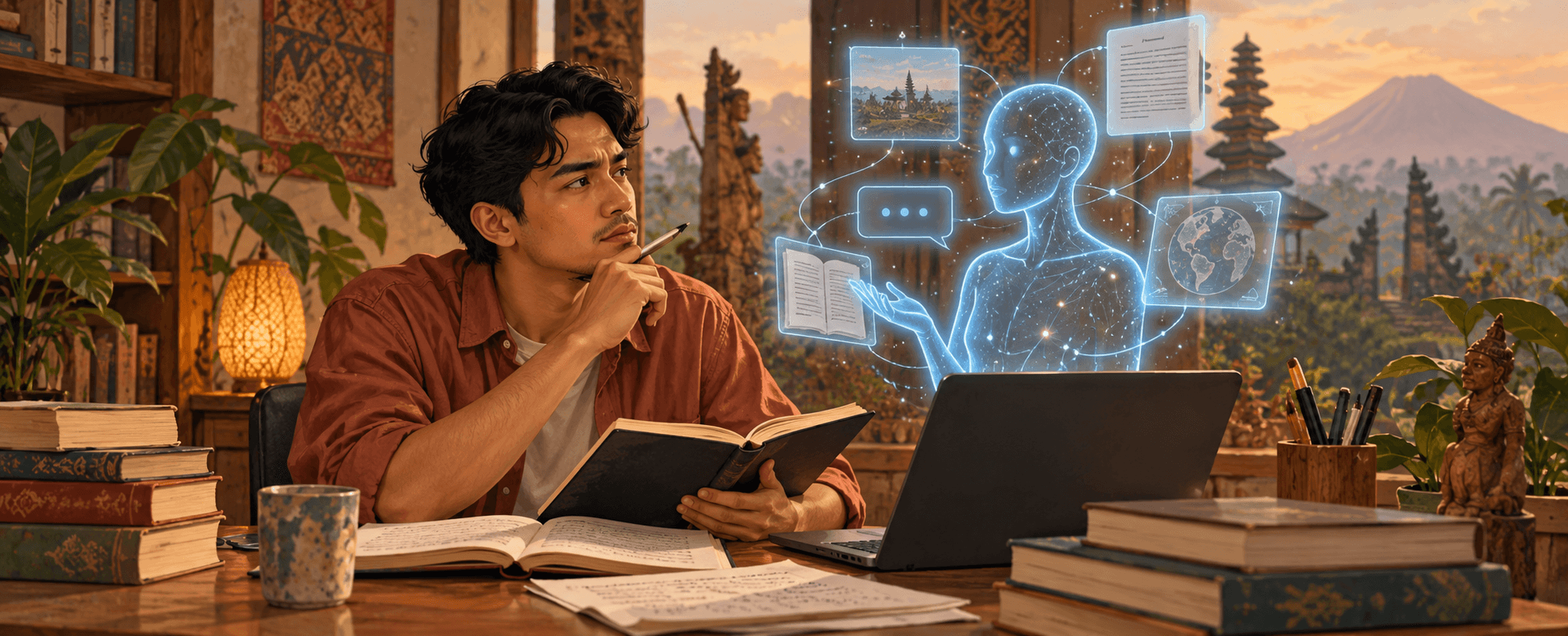 A young Indonesian checks an AI response against notes