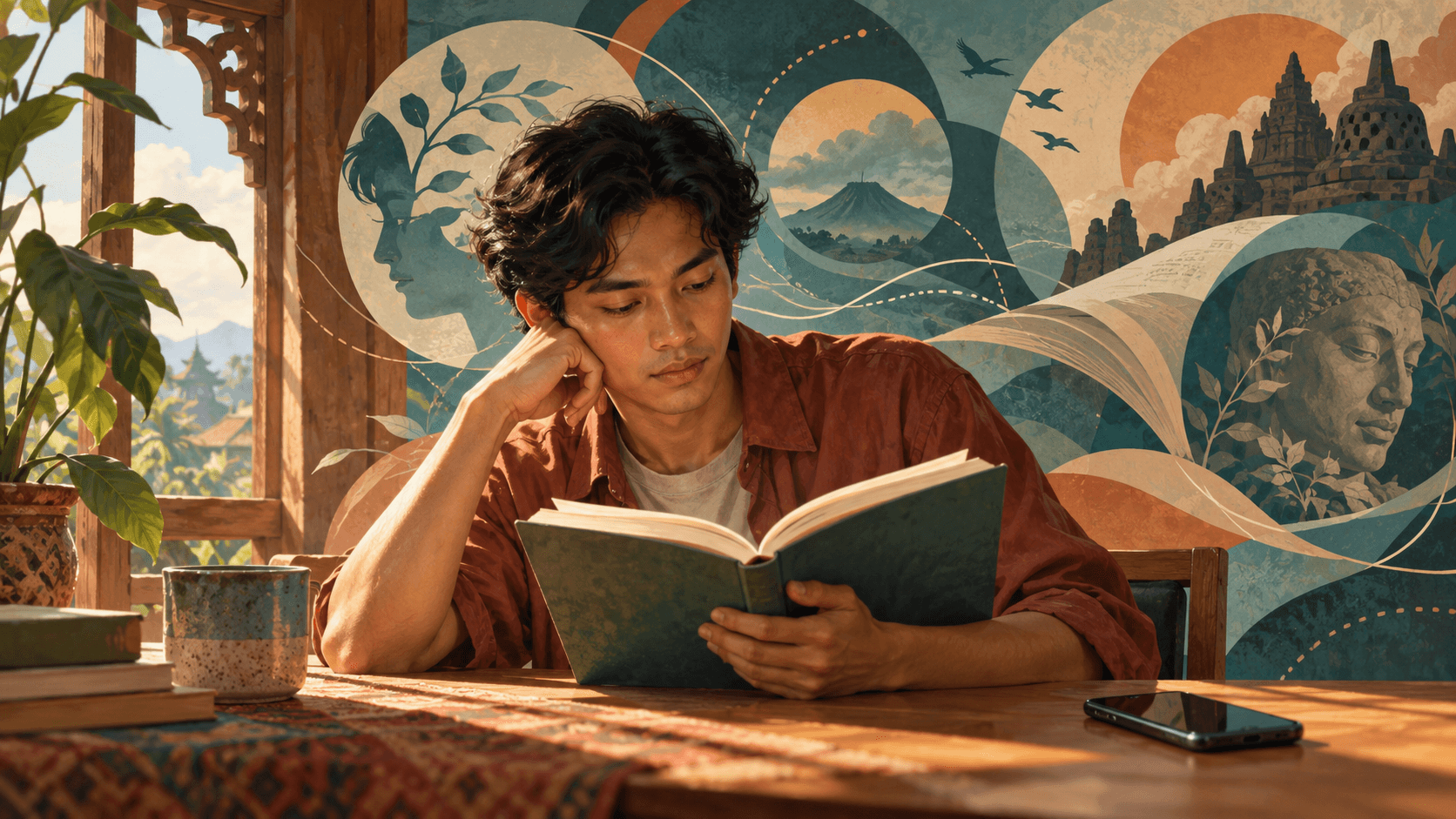 A young Indonesian reading beside a quiet phone