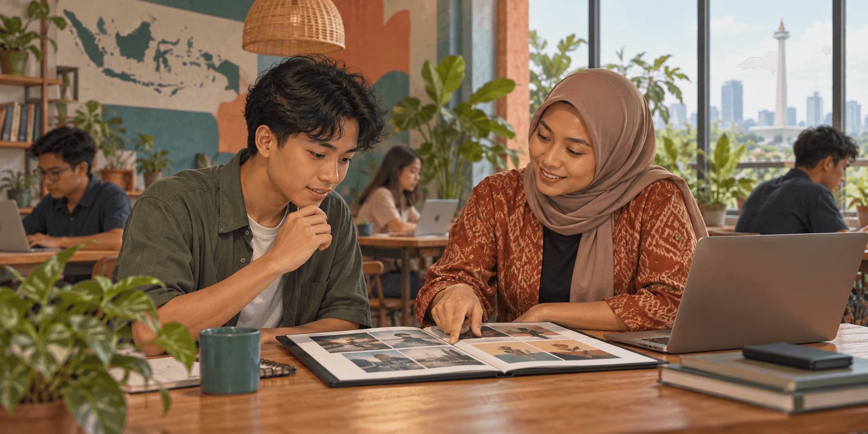 Pencari kerja muda Indonesia memeriksa portofolio bersama mentor