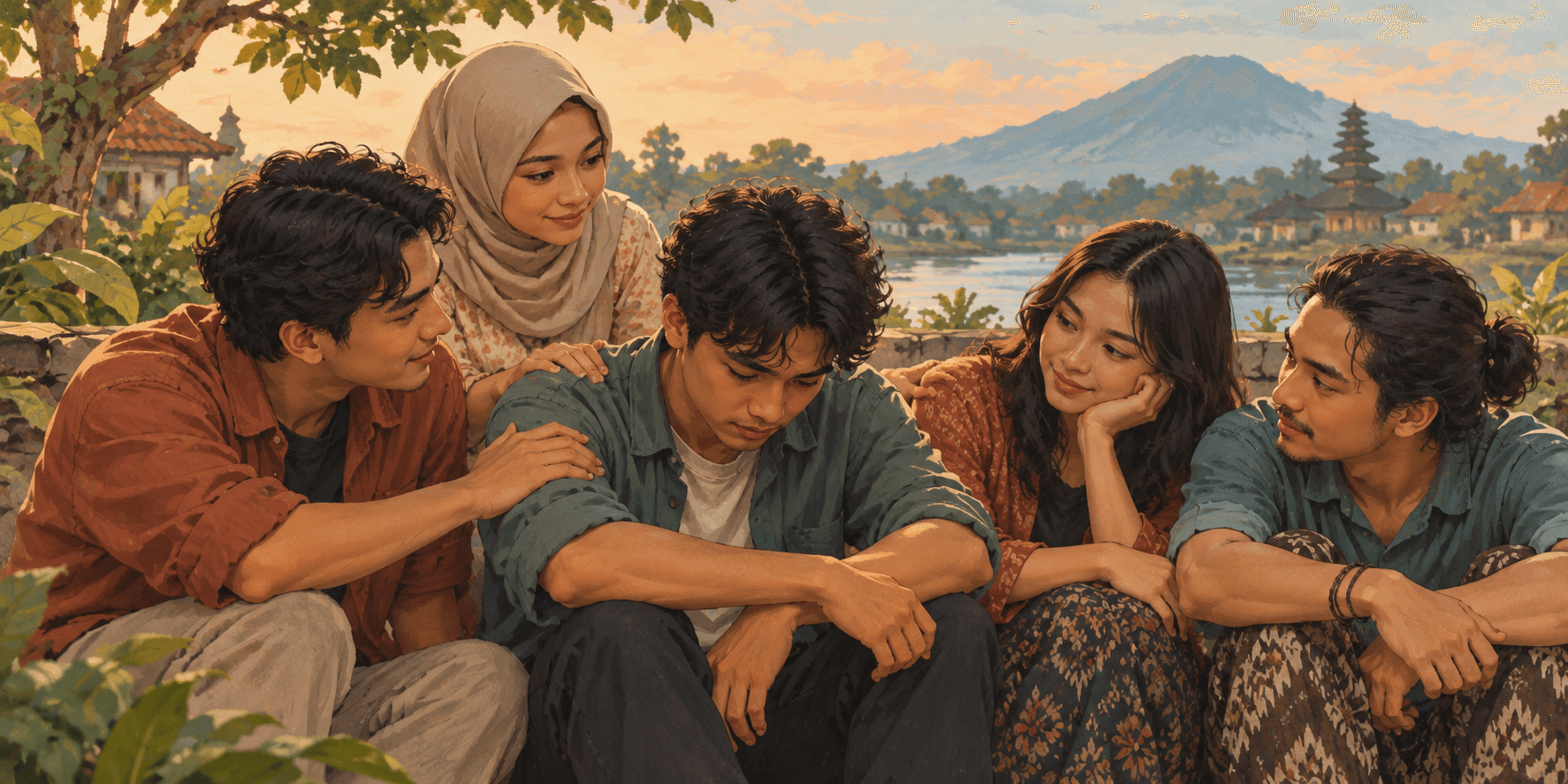 Teman-teman muda saling memberikan dukungan