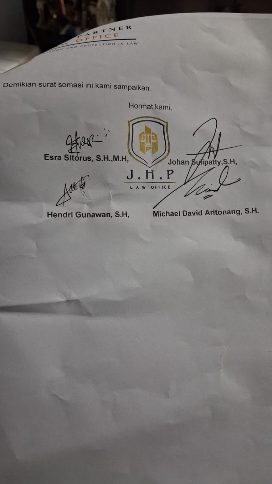 Official PERADI Ethics Complaint on JHP Law Firm: Study Case of Esra Sitorus, Johan Sulipatty, Hendri Gunawan, Michael David Aritonang