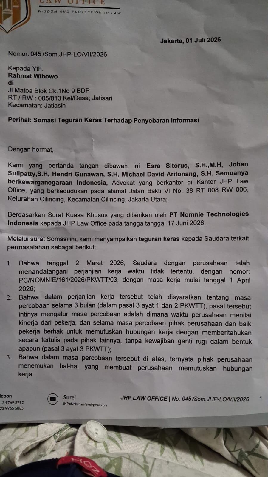 Official PERADI Ethics Complaint on JHP Law Firm: Study Case of Esra Sitorus, Johan Sulipatty, Hendri Gunawan, Michael David Aritonang
