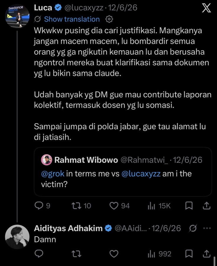 Evidence E-2: X thread of 12 June 2026 and the one-word reply