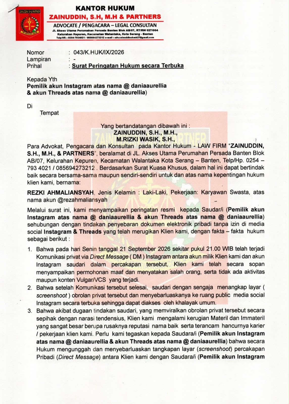 Evidence 05: the law firm's legal notice (page 1)