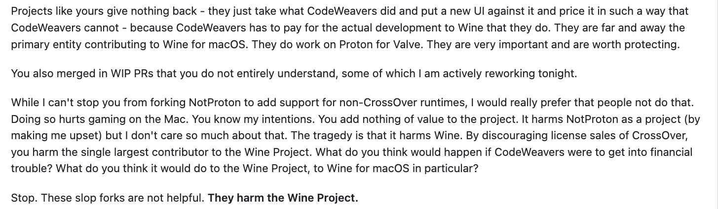 Keberatan pemelihara NotProton di issue #79: proyek seperti ini mengambil karya CodeWeavers dan merugikan Proyek Wine