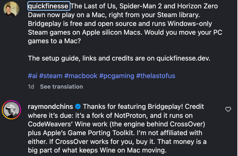 Raymond Chin replying under a third-party Bridgeplay promo: a fork of NotProton, built on CodeWeavers' Wine work; if CrossOver works for you, buy it