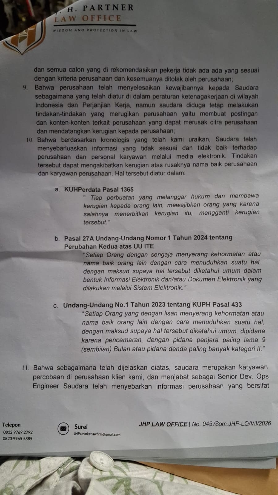 Official PERADI Ethics Complaint on JHP Law Firm: Study Case of Esra Sitorus, Johan Sulipatty, Hendri Gunawan, Michael David Aritonang