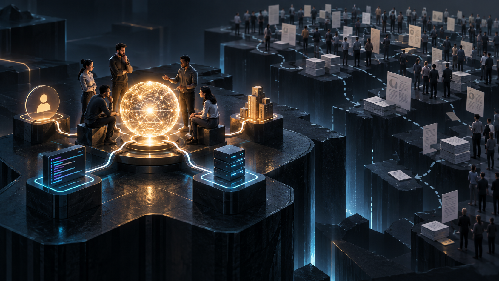 A small team connected to a coherent knowledge core while a larger workforce is separated by fragmented handoffs