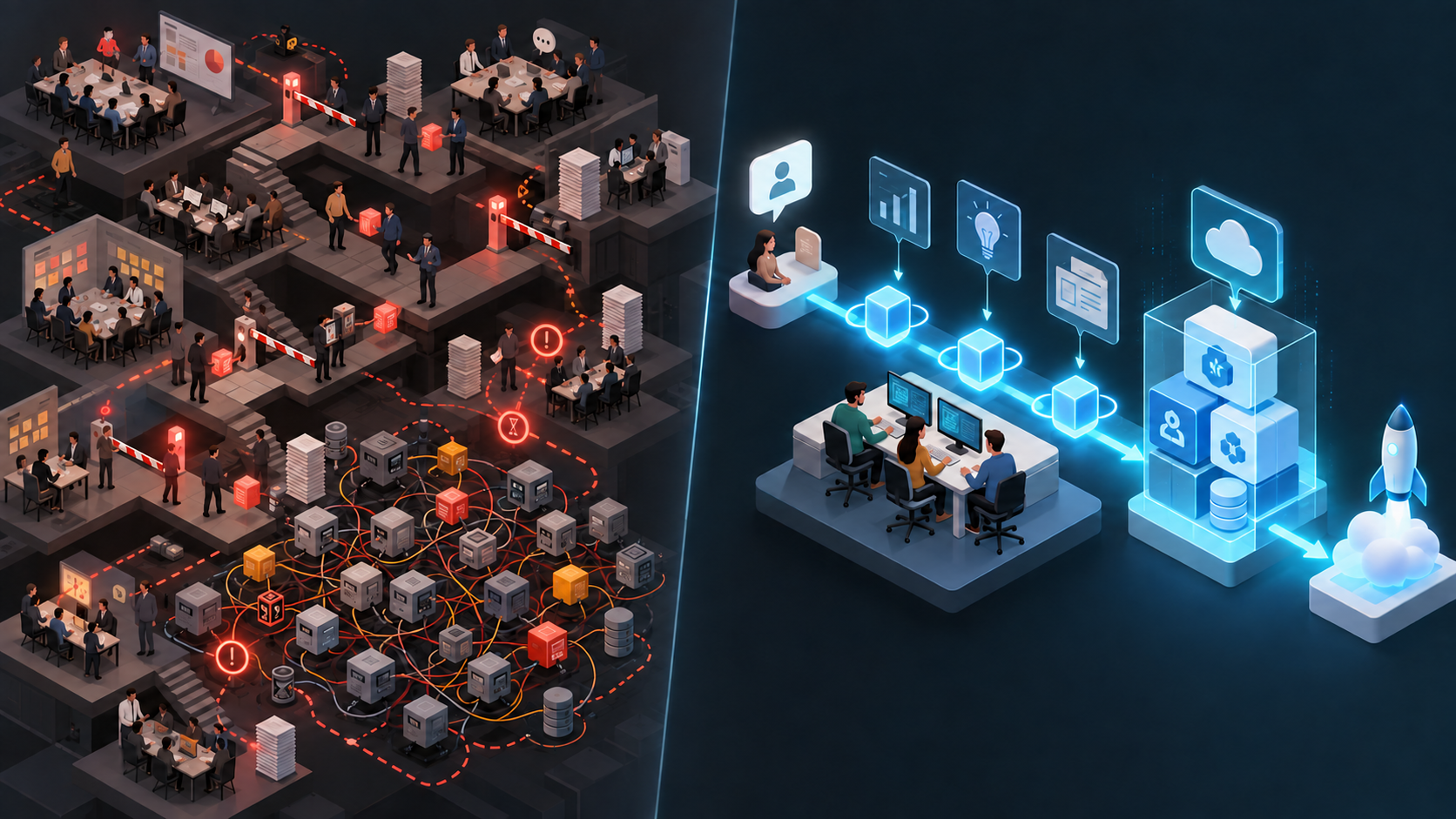 A comparison between a coordination-heavy organization and a compact AI-assisted delivery team
