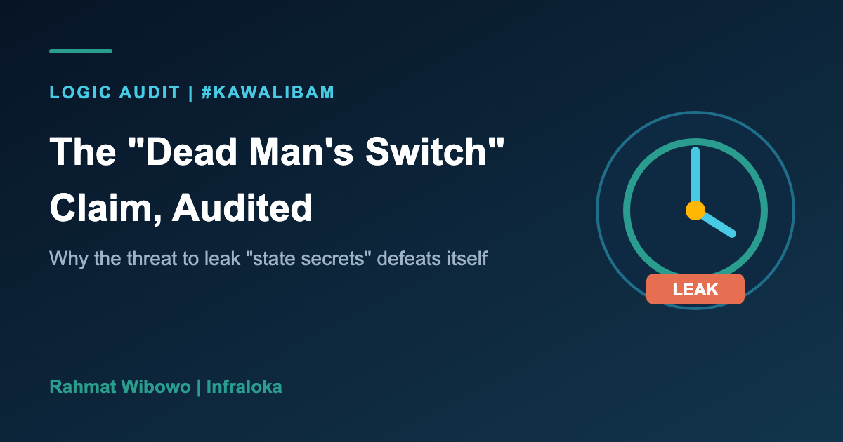 Header illustration: a switch dial with a leak button, titled The Dead Man's Switch Claim, Audited