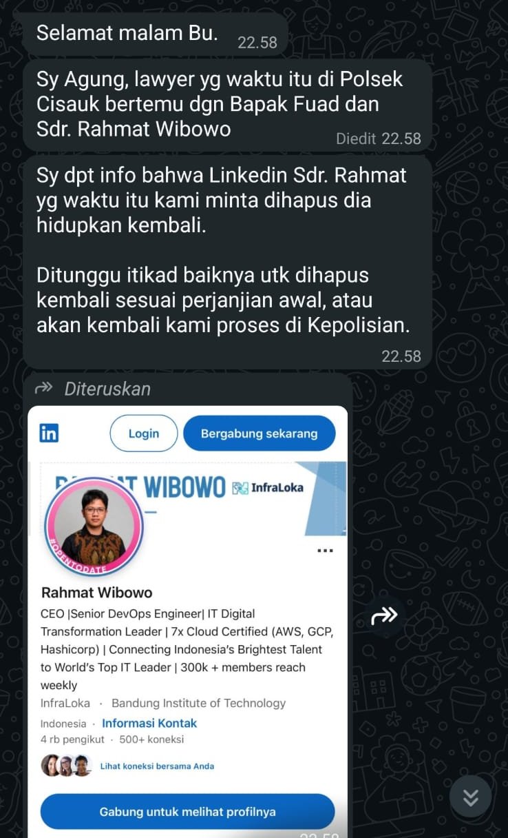 The message from "Agung, lawyer" with my LinkedIn profile forwarded