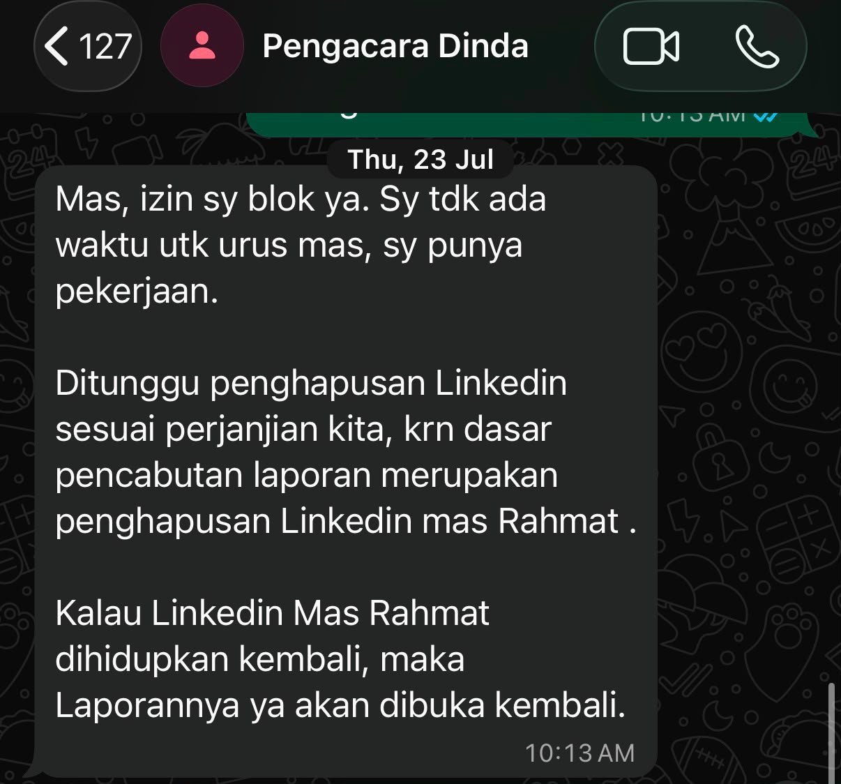 The message of 23 July 2026 from the contact "Pengacara Dinda"