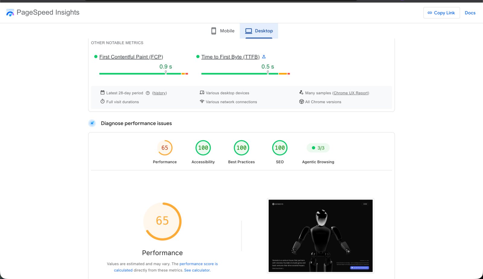 PageSpeed Insights, genesis.ceo homepage, desktop: Performance 65, other categories 100