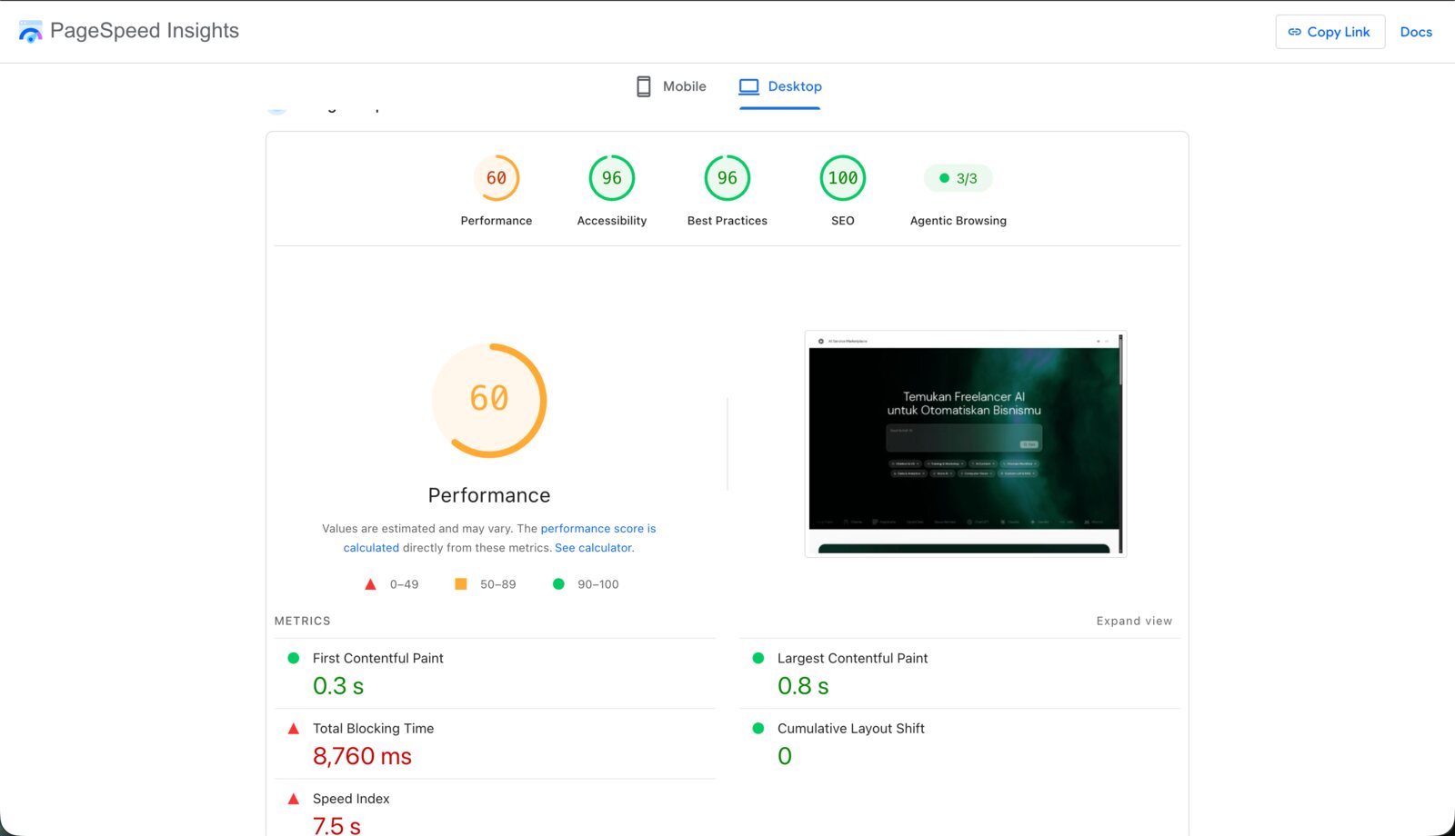 PageSpeed Insights, Genesis marketplace, desktop: Performance 60, Total Blocking Time 8,760 ms, Speed Index 7.5 s