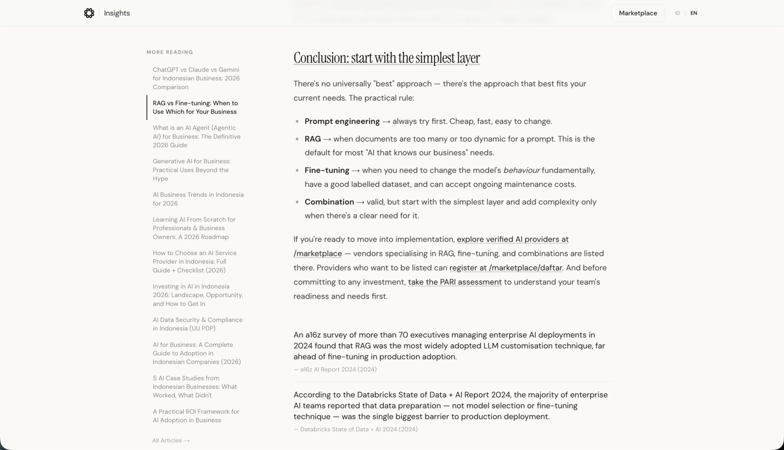 The conclusion of the RAG article, with excerpts attributed to the a16z AI Report 2024 and the Databricks State of Data + AI Report 2024