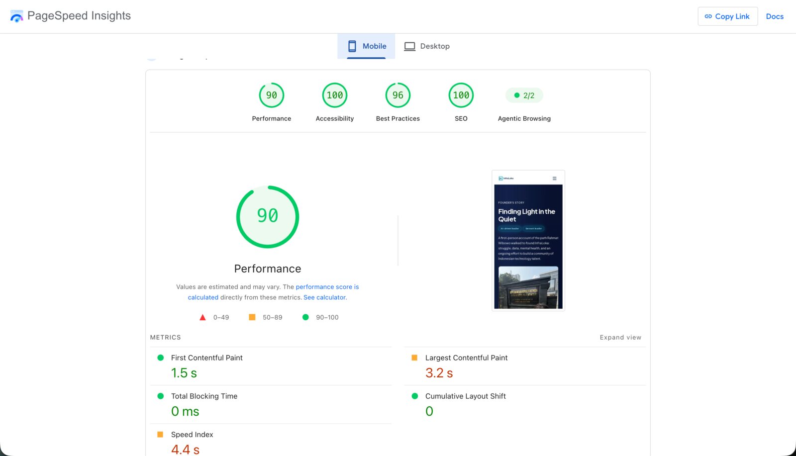 PageSpeed Insights, InfraLoka Founder's Story, mobile: Performance 90, Total Blocking Time 0 ms