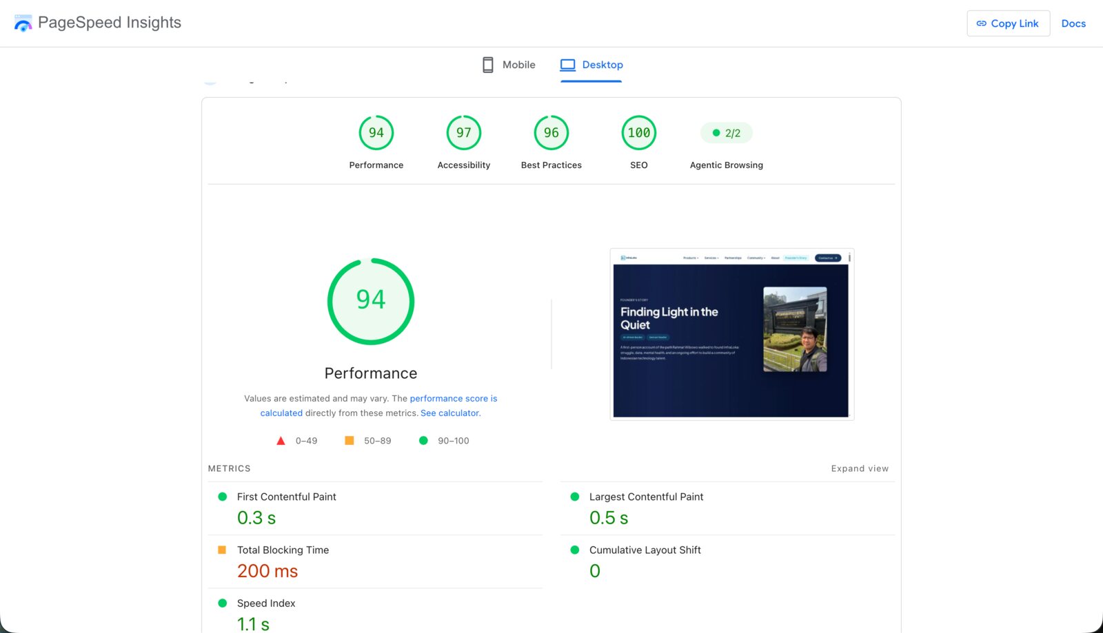PageSpeed Insights, InfraLoka Founder's Story, desktop: Performance 94, Total Blocking Time 200 ms