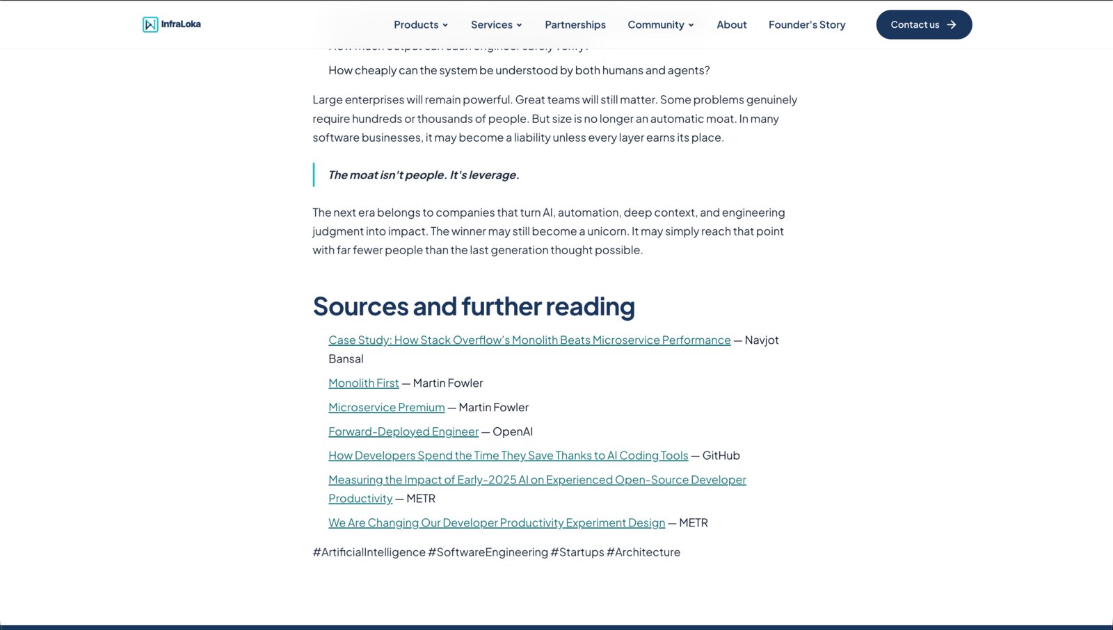 The article's "Sources and further reading" list: Martin Fowler, OpenAI, GitHub, METR and others