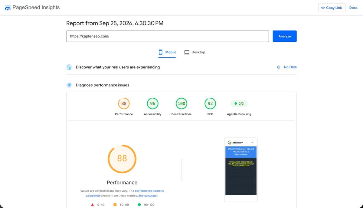 PageSpeed Insights, mobile report for kaptenseo.com