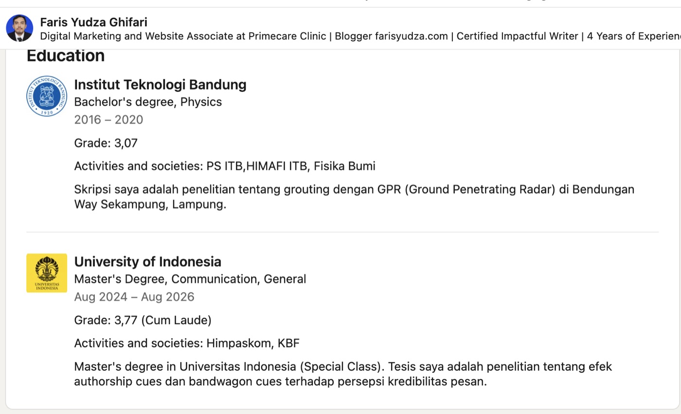 Education section of the LinkedIn profile