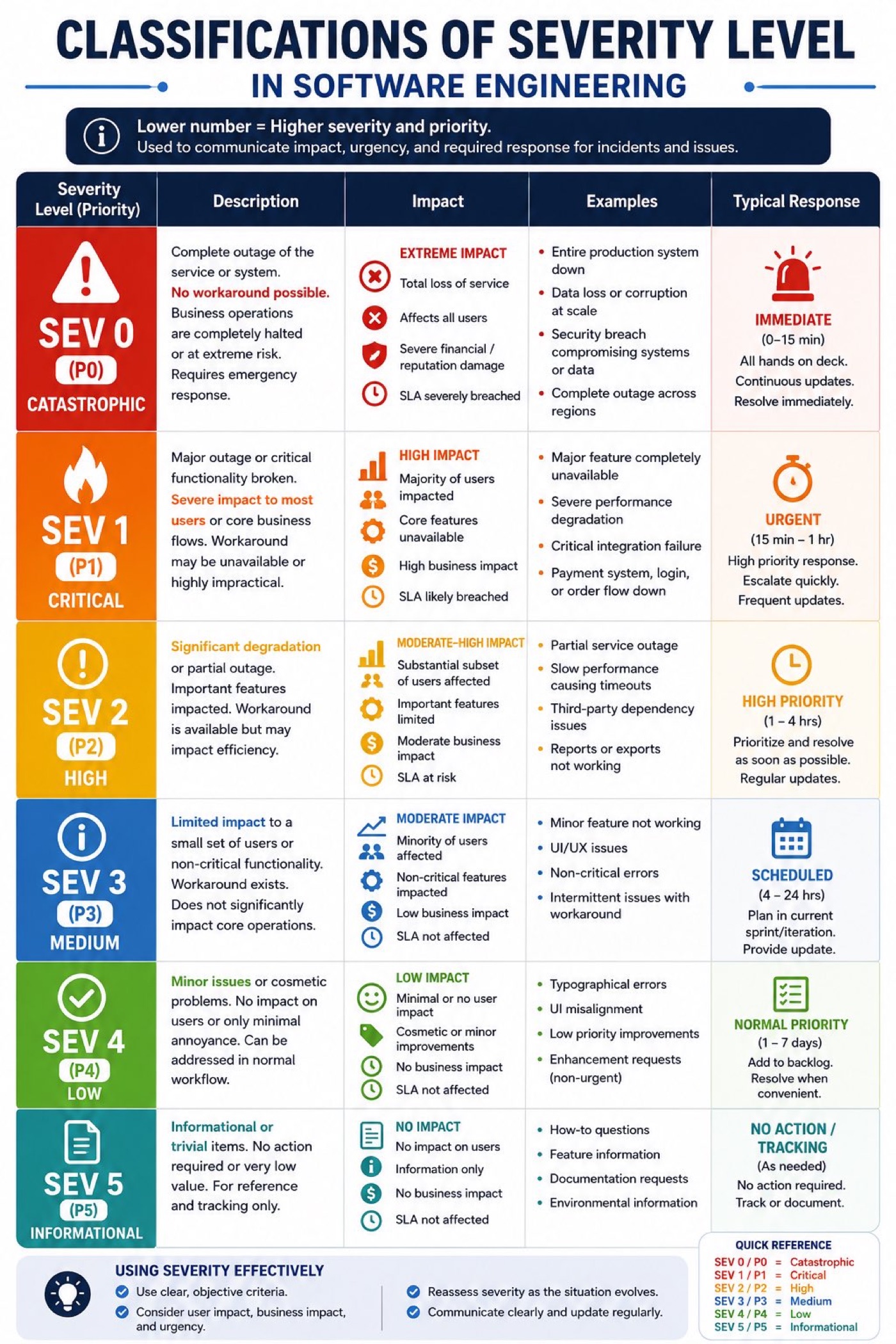 A generic infographic classifying severity levels SEV 0 to SEV 5