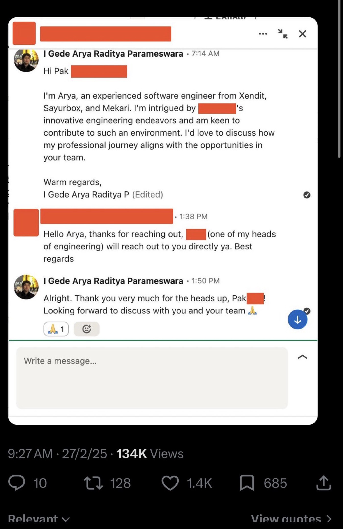 A close-up of the redacted LinkedIn exchange from that post, with the engagement counts