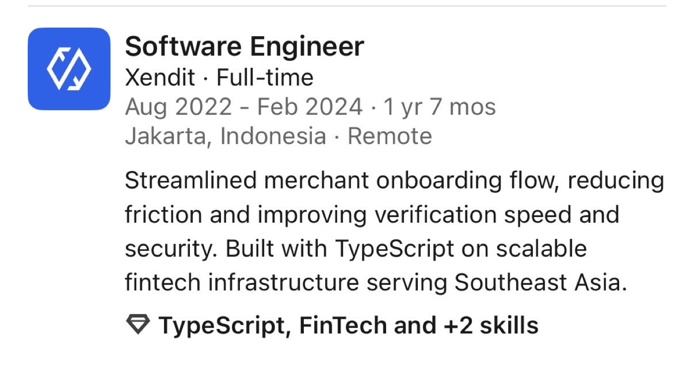 His LinkedIn entry for the Software Engineer role at Xendit