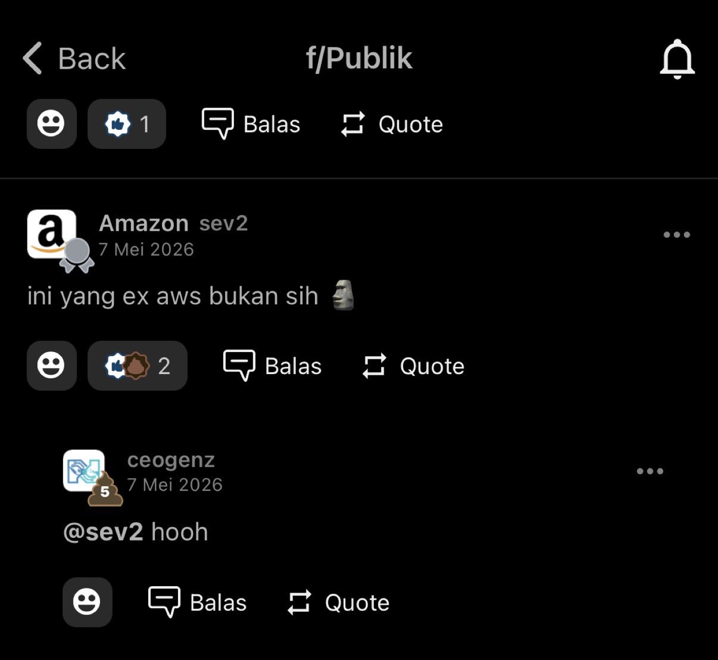 A forum post from an account named "Amazon sev2", 7 May 2026