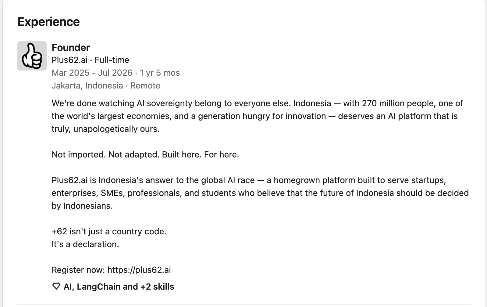 LinkedIn experience entry for Plus62.ai, captured October 11, 2026