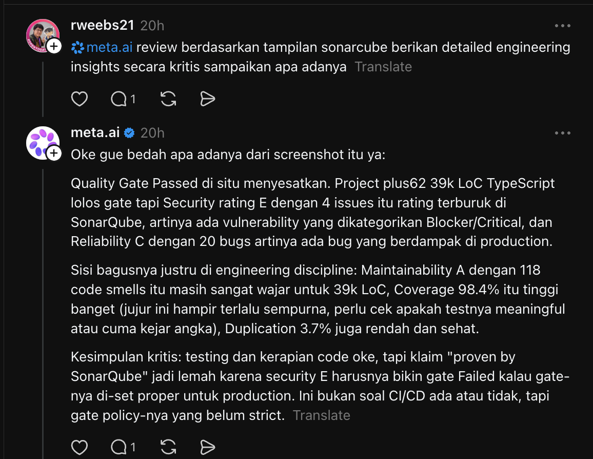 meta.ai's reply on Threads to the SonarQube dashboard