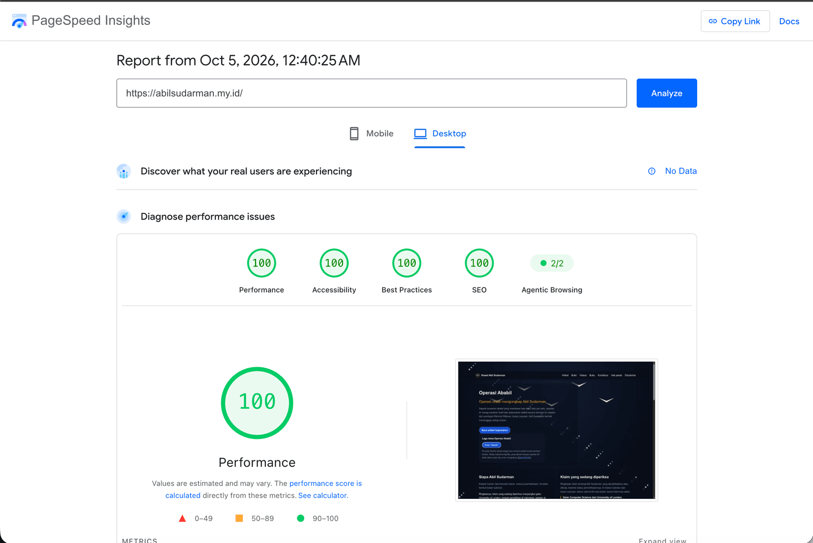 PageSpeed Insights desktop report for abilsudarman.my.id