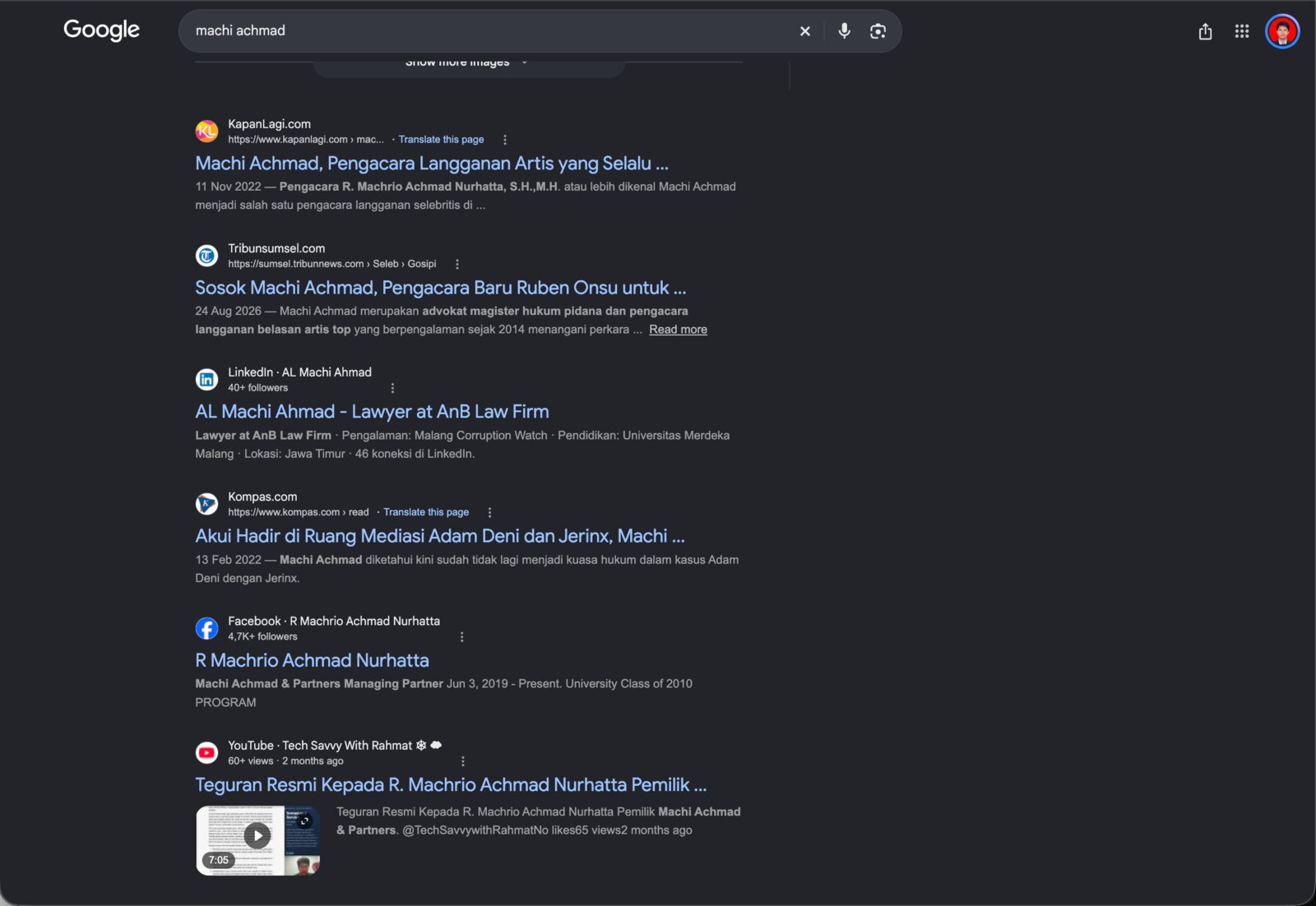 Google results for "machi achmad": KapanLagi, Tribunsumsel, LinkedIn, Kompas, a Facebook page and a YouTube video