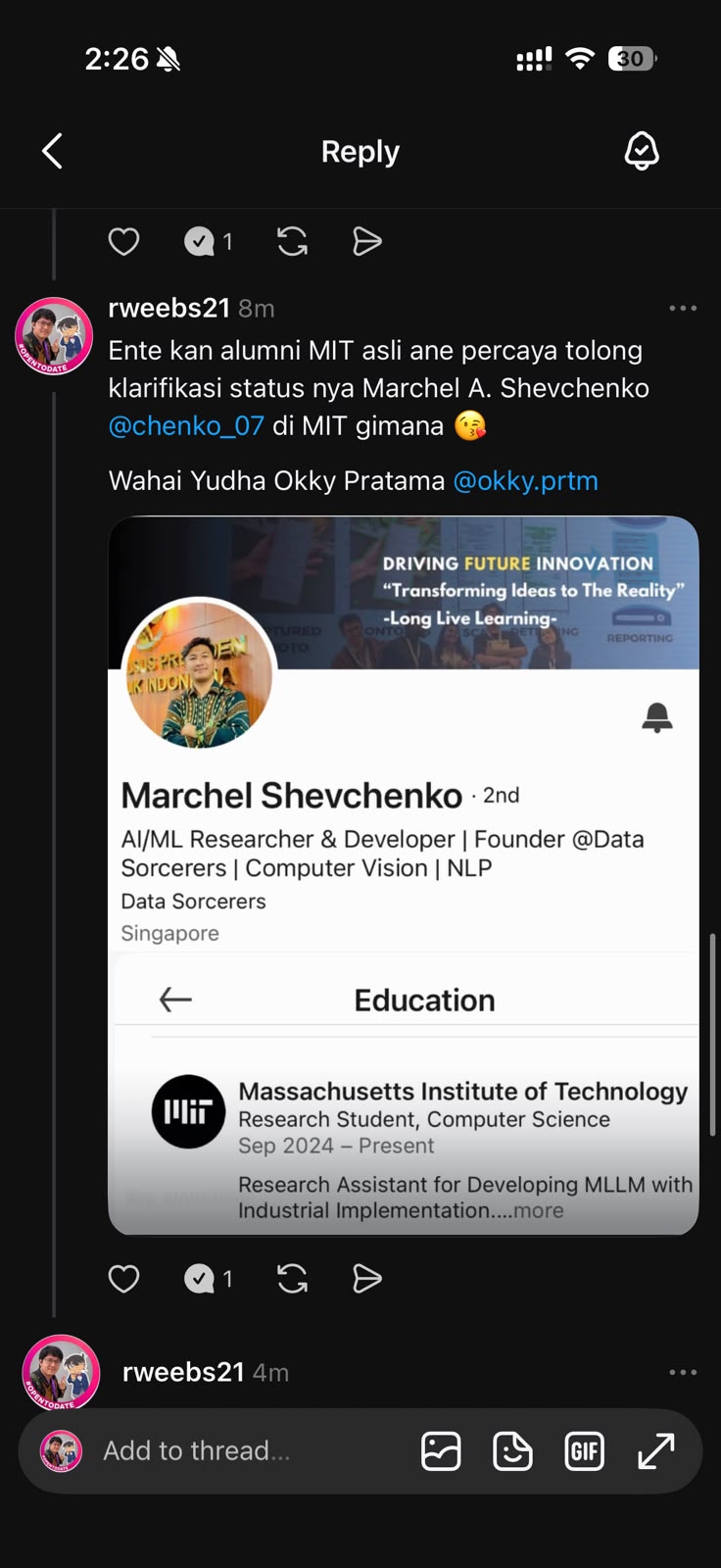 LinkedIn profile card for Marchel Shevchenko listing Massachusetts Institute of Technology, Research Student, Computer Science, Sep 2024 to present