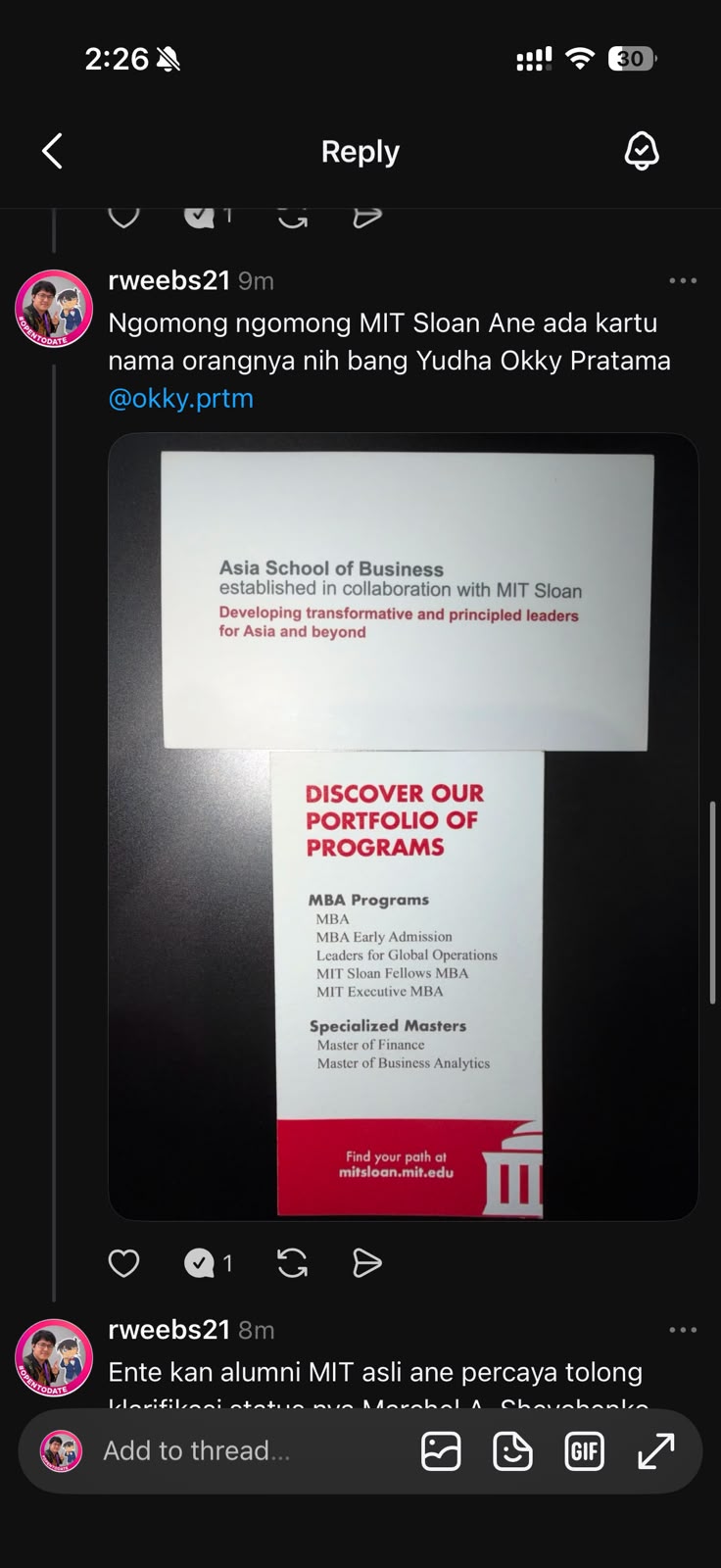 Photo of an MIT Sloan brochure I posted alongside a reply to @okky.prtm