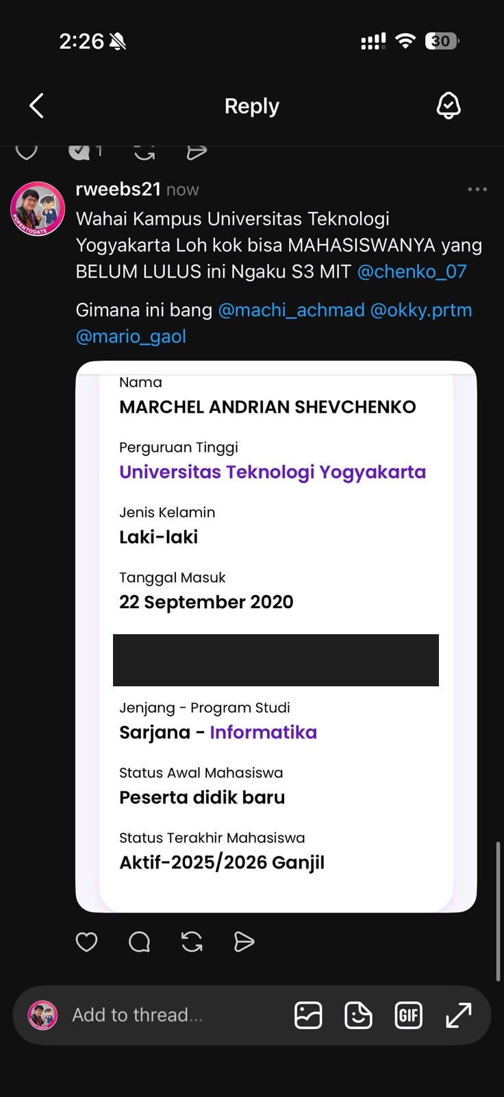 PDDikti record for Marchel Andrian Shevchenko at Universitas Teknologi Yogyakarta, undergraduate Informatics, status Aktif-2025/2026 Ganjil