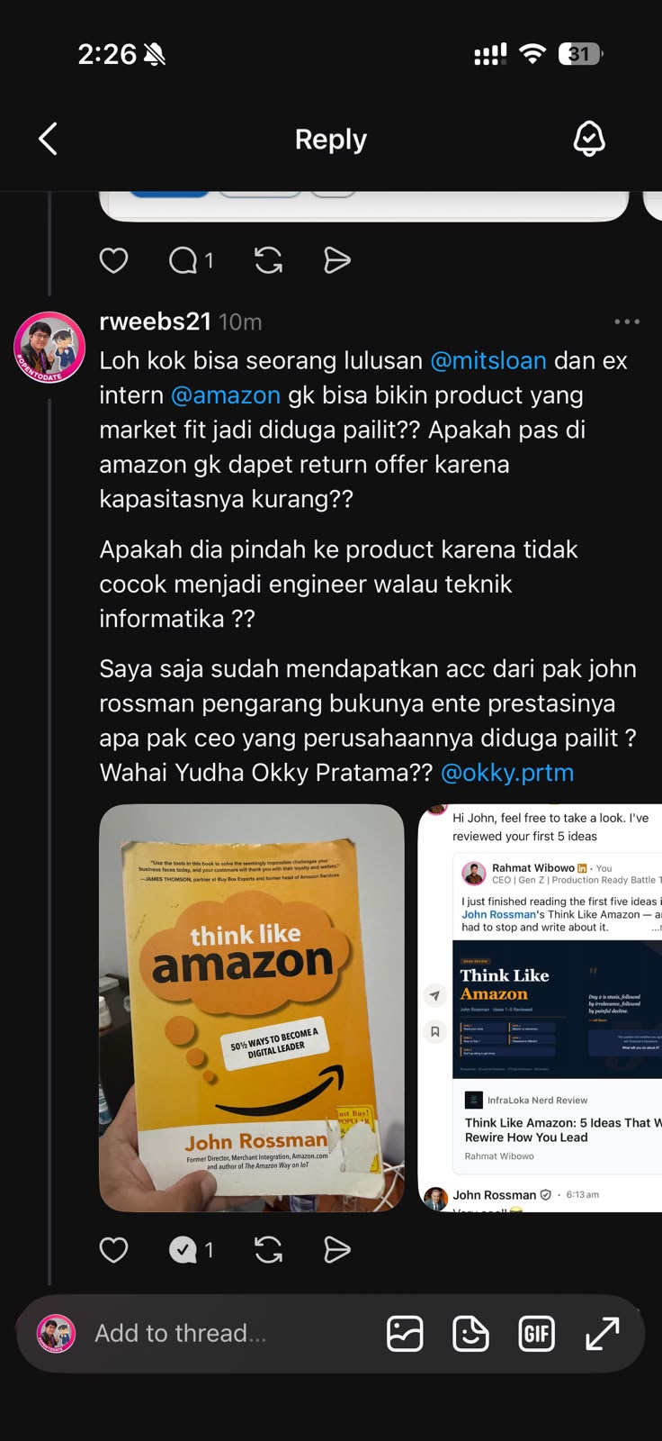 Threads reply in which I posted questions about his background and compared them with my own approval from the author of Think Like Amazon