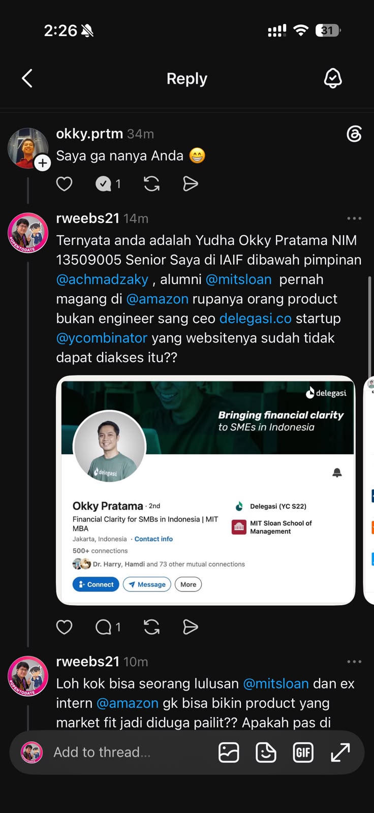 Threads exchange in which okky.prtm replied "Saya ga nanya Anda" and I posted a LinkedIn card showing Okky Pratama of Delegasi (YC S22)