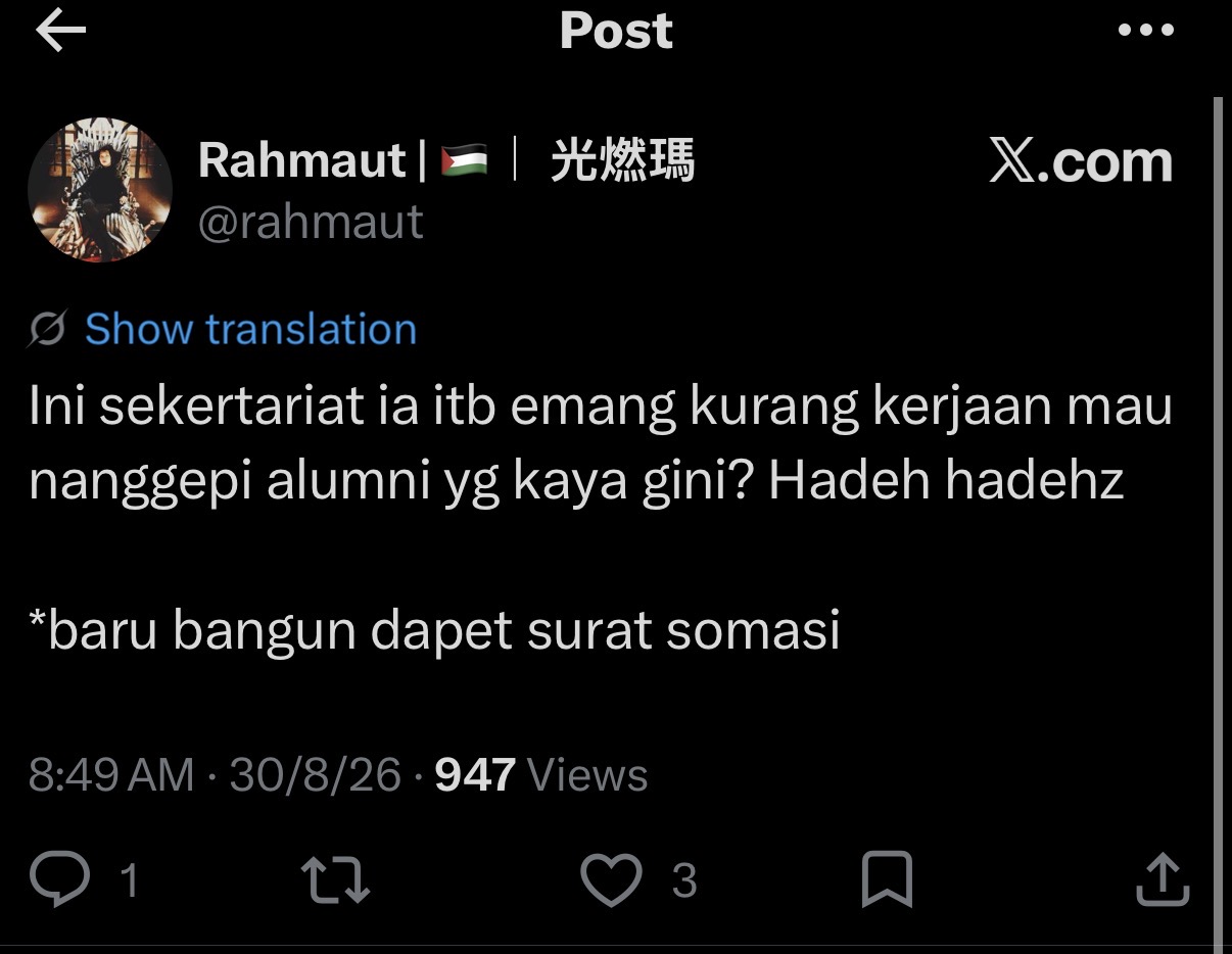 Post by @rahmaut dated 30/8/26 about the ITB alumni secretariat "having nothing better to do", in three captures with 9, 947 and later view counts