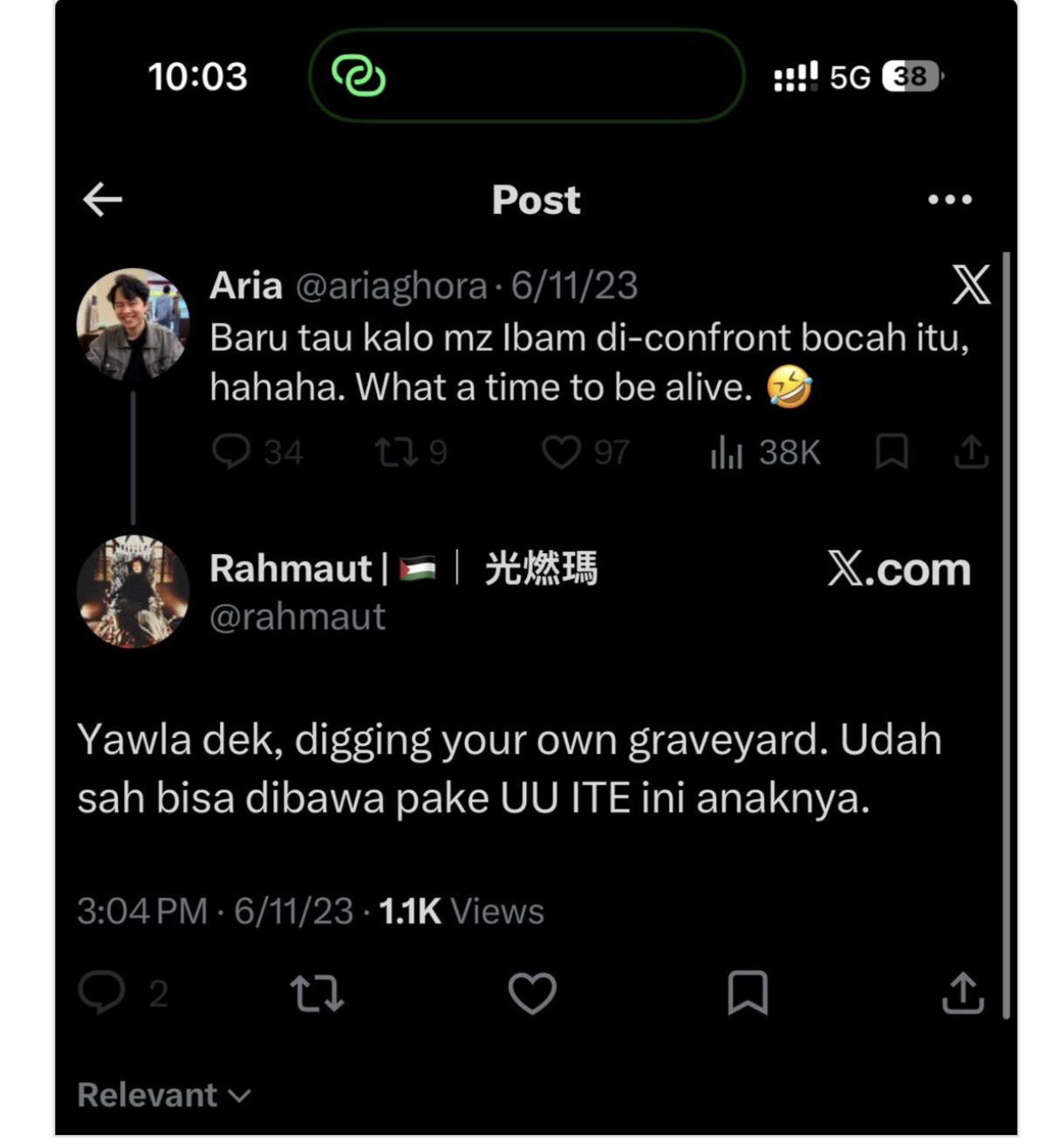Reply by @rahmaut dated 6/11/23, second capture
