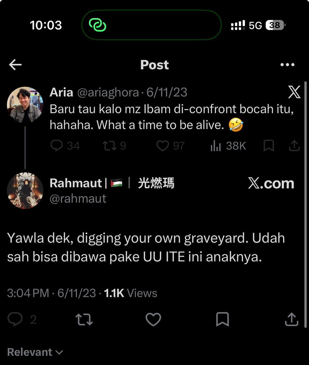 Reply by @rahmaut dated 6/11/23, third capture